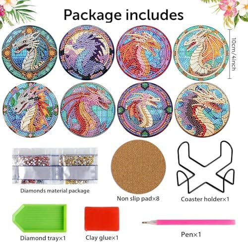 8 Pcs Diamond Art Coasters Kit for Adult with Holder, Diamond Coaster 4x4in