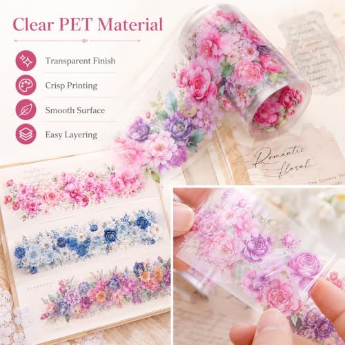Vintage Floral Wide Washi Tape, 6 PET Rolls for Journaling Crafts | 6 wide PET rolls for journaling supplies, scrapbook supplies, junk journals, card making, DIY crafts and gift wrappin