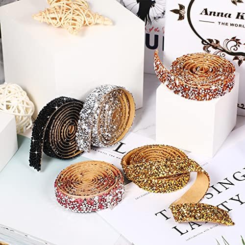 Xinnun 5 Rolls Rhinestone Ribbon Self-Adhesive Crystal Shiny Rhinestone Strips Bling Resin Diamond Ribbon for Graduation Party Decor, DIY Prom Dress,Craft(Mixed Colors,0.59 Inch,Basic Style)