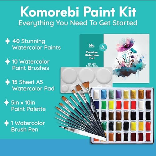 MozArt Japanese Watercolor Paint Kit 40 Colors 10 Brushes & Palette