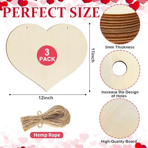 Large Size 12" Wooden Heart Ornaments to Paint, Happy Mothers Day DIY Blank Unfinished Wreaths Front Door Sign Decorations Heart Ornament Door Hanging Sign Plaque Crafts 3PCS