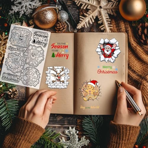 GLOBLELAND 3D Cracks Santa Claus Clear Stamp for Scrapbooking 3D Christmas Snowman Silicone Stamps 3D Reindeer Transparent Stamp for Card Making DIY Embossing Journaling
