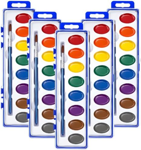 JEAWIWI 5 Pack Watercolor Paint Sets, 8 Washable Colors with Brushes