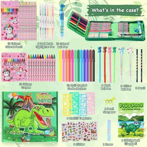 DOKKIA Fruit Scented Coloring Pens Markers Set 65 PCS Art Craft Drawing Case - Washable Kits Pencil,Gel Pen,Crayon&Coloring Book Supplies Dinosaur Dino Green