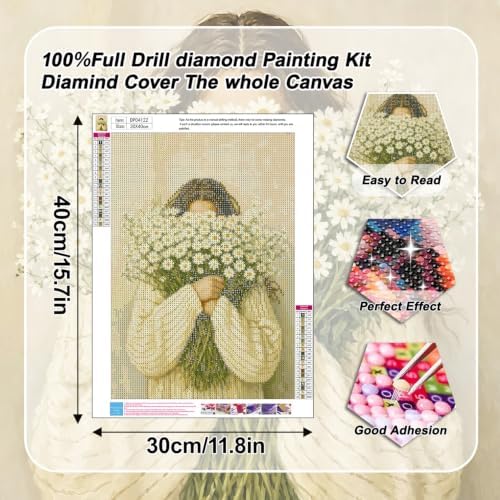 VeGuude Diamond Art Kits for Adults, Full Drill Woman with Daisies Bouquet Diamond Painting Kits for Beginners, DIY Full Rhinestone 5D Diamond dots (Gemstone Craft), Home Wall Decoration (12x16 inch)