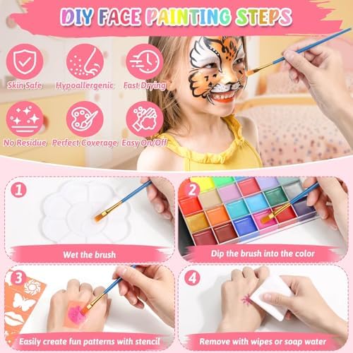 Professional Face Painting Kit, 26 Colors Oil Palette Face Paint with 6 Stencils, 41 Stencil Stickers, 10 Brushes, 9 Body Glitter, 2 Sheets Adhesive Gems, Rainbow Facepaint for Party & Halloween