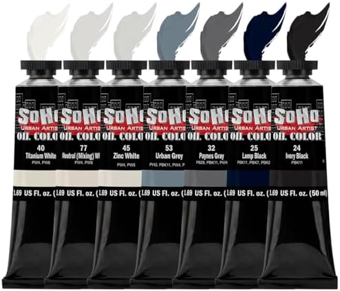 Soho Urban Artist Oil Paint Greys Set of 7-50 mL Tubes, Triple-Milled Oils with Refined Linseed - Smooth Application, True Color Mixes, Ideal for Brushes & Palette Knives