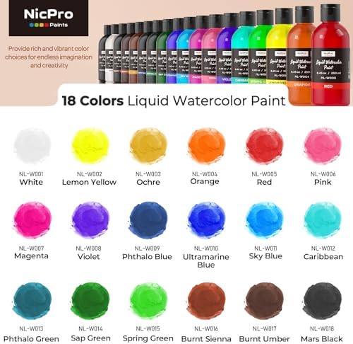 Nicpro 18 Colors Liquid Watercolor Paint Set, 8.45oz Large Bulk Water Color