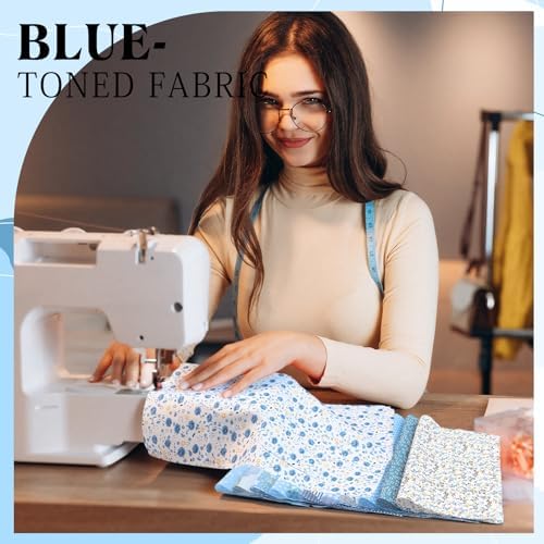 HunnmingRe 20 Pcs 10''x10'' Blue Flower Quilting Fabric Square Spring Floral Precuts Quilted Fabric Bundle Plaid Polka Dot Stripes Printed Sewing Material for Summer Patchwork DIY Craft Supplies