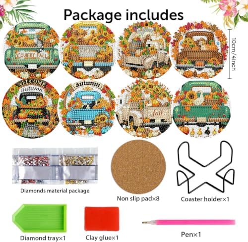 8 Pack Diamond Art Coasters,Autumn Truck Diamond Painting Coasters Kits