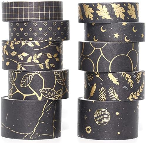 Creative Washi Tape Set 10 Rolls Gold Foil Print Decorative Masking Tapes for Arts, DIY Crafts, Journals, Planners, Scrapbook, Wrapping (Gold Dark)