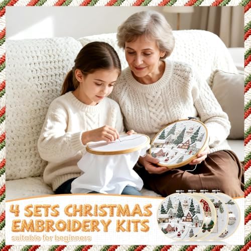 Christmas Embroidery Kit for Adults and Beginners, Christmas Gnomes Embroidery Kits Cross Stitch Kits with Pattern, Cotton, Threads, Needles & Instruction (4Pcs C)