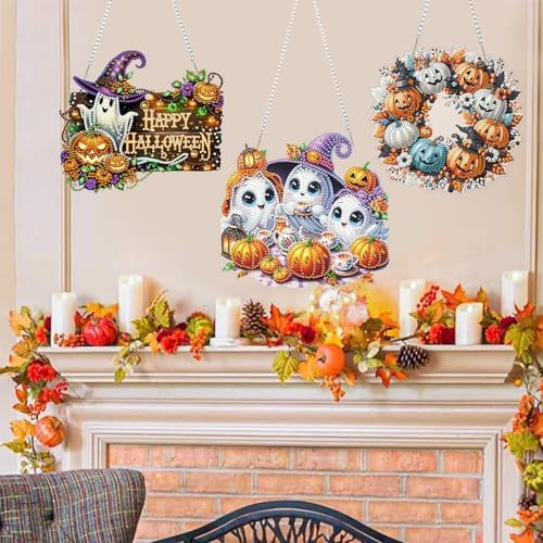 AIBOERL Diamond Art Hanging Kit for Adult,Special Shaped Rhinestone,Double Sided 5D DIY Acrylic Diamond Art Painting Window Pendants Home Garden Wall Hanging Kits Hanging Ornament (3 Pack Halloween)