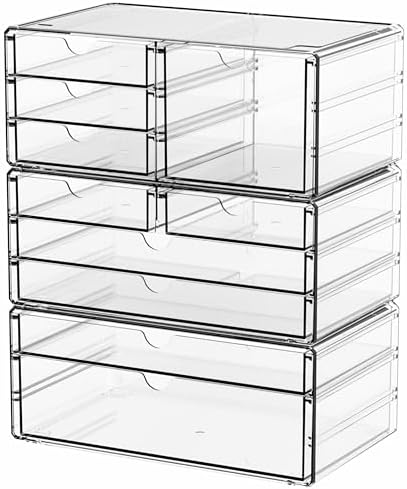 Yieach 3 Pack Clear Storage Drawers With 10 Drawers,Stackable 11.1” Large Acrylic Drawer Organizer and Makeup Organizer For Vanity,Bathroom Countertop,Cabinet,Pantry,Office Supply Storage Bins Drawers