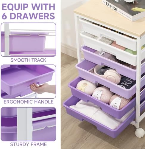 Sykiariol Rolling Cart with 6 Drawers,Purple