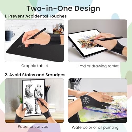 Mood Cats Drawing Glove: 3-Layer Palm Rejection for iPad & Drawing Tablet | Smooth-Glide & Breathable Artist Glove for Digital Art, Two-Finger Design, Fits Left & Right Hand, 2-Pack + Cleaning Cloth