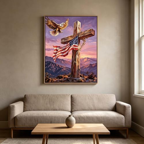 Paint by Numbers Kit for Adults - Cross & Eagle Mountain Sunset, DIY Paint by Number, Patriotic Themed Oil Painting Canvas, Paint by Numbers for Adults, Home Wall Decor
