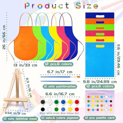 48PCS 12 Sets Printed Canvas Paint Art 12 Pcs Wooden Easel Set Paint Pots and Brushes and 12 Pre Drawn Canvas Panel 12 Pcs Mini Apron and Tote Bag for Kids(Dainty)