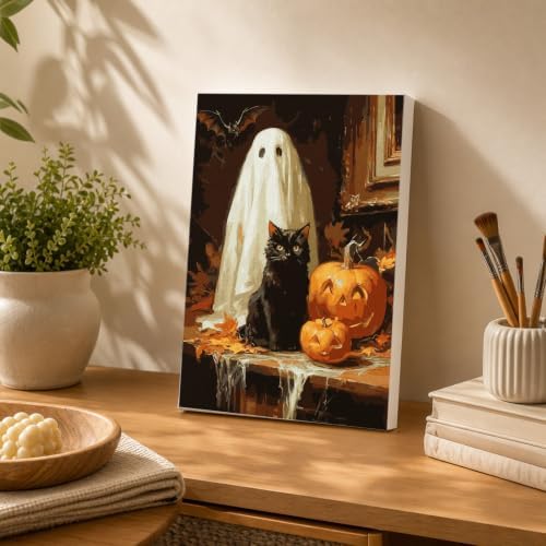 Spandrel Halloween Ghost Framed Paint by Numbers Kit for Adult, Black Cat Paint by Number Kits on Canvas, DIY Acrylic Oil Pumpkin Painting by Numbers for Home Wall Decor, 8x12in