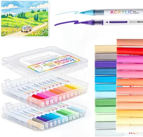 Acrylic Paint Markers Brush Tip 24 Colors,Waterproof Paint Pens Set