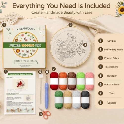 CYANFOUR Punch Needle Kit for Beginners, Red Bird Punch Needle Kits Adults, Craft Kits for Adults with 2 Pre-Printed Fabrics, Embroidery Hoop, Threads, DIY Gift and Home Decor 20 * 20cm