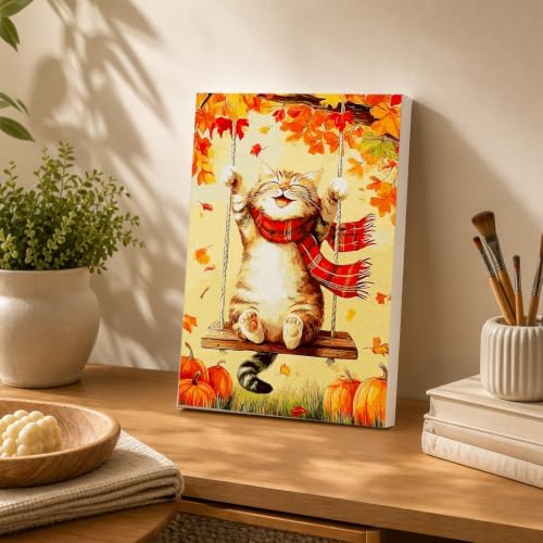 Spandrel Framed Paint by Numbers Cat Kit for Adult, Autumn Adult Paint by Number Kits on Canvas, DIY Acrylic Oil Easy Halloween Painting by Numbers Fall for Home Wall Decor, 8x12in