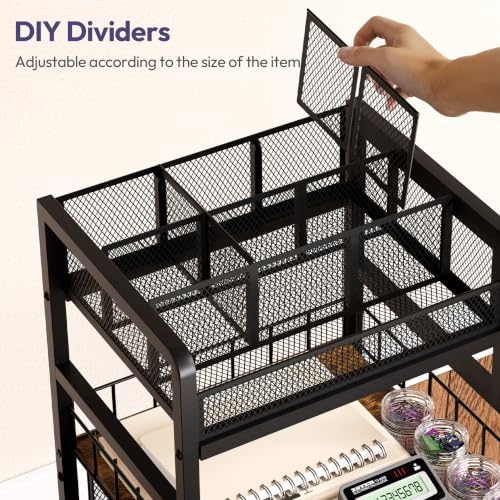 SWTYMIKI Rolling Cart with Drawers - Metal Craft Cart with Wheels, DIY Divider and Wood Shelf, Art Supply Organizer for Under Desk Storage, Utility Storage Cart for Home Office Studio, Espresso