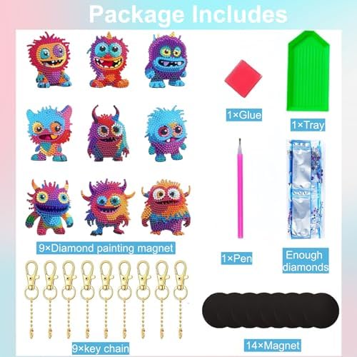 Bulerrylulu 9 Pcs Little Monster Diamond Painting Magnets Kits Fridge Magnet Stickers Diamond Art Painting Keychains Gem Painting kit for Beginners Adults DIY Art Craft Gifts Home Decors