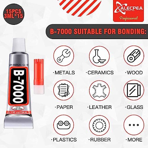 B-7000 Craft Glue for Jewelry Making - 3ml/0.1oz (15 Pack) - Multi-Function B-7000 Super Adhesive Glues Liquid Fusion Glue for Rhinestones Crafts, Clothes Shoes, Fabric, Jewelry Making, Cell Phones