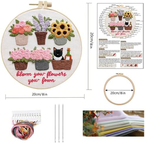 Embroidery Kit for Beginners & Adults with Cat and Flower Pattern