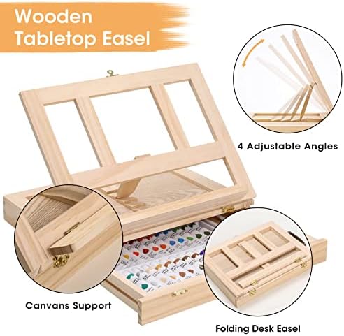 Watercolor Paint Set with Wooden Tabletop Easel, Portable Painting Supplies