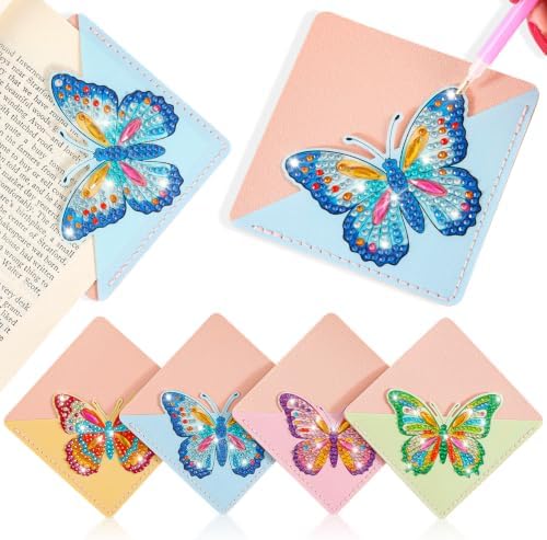 4Pcs Diamond Painting DIY Corner Leather Bookmarks, Handmade Butterfly Diamond Art Bookmark for Adults, Protecting Book Craft Supplies Kits for Girl Women Book Lovers
