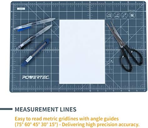 POWERTEC 61001 12" x 18" A3 Non-Slip Double Sided Rotary Cutting Mat with Grid, Table Protector for Crafting, Sizing, Tracing, Sewing, Quilting, Scrapbooking, Arts and Crafts Woodworking