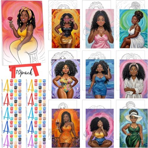 Blosssound 10 Set Pre Printed Canvas Pre Drawn Canvas Painting with Easel Kits 5" x 7" Outline Painting Panels for Beginners, DIY Craft Project, Party Favor, Home Decors(Curvy Goddesses)