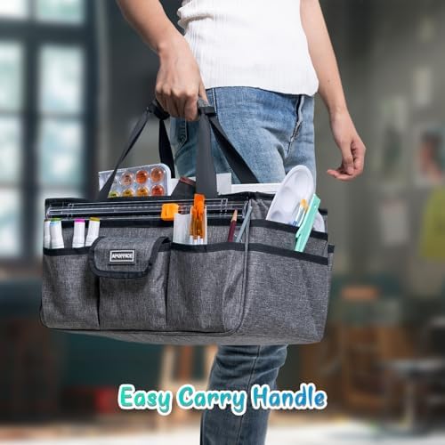 APOFFICE Art Supply Organizer Tote Bag – Craft Caddy with Handle, Utility Storage Tote with Multiple Pockets & Adjustable Divider for Stationary, Sewing, Scrapbooking, School, Office, Medical Supplies