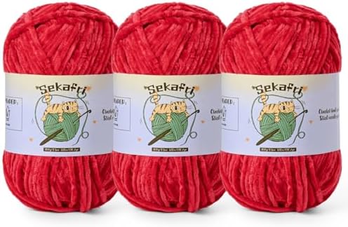 3 Pack of 300g (590yds) Fuzzy Chenille Yarn for Crocheting,Fluffy Amigurumi Crochet Yarn for DIY Craft/Hat/Clothes, Soft Velvet Baby Blanket Yarns（3 Red）
