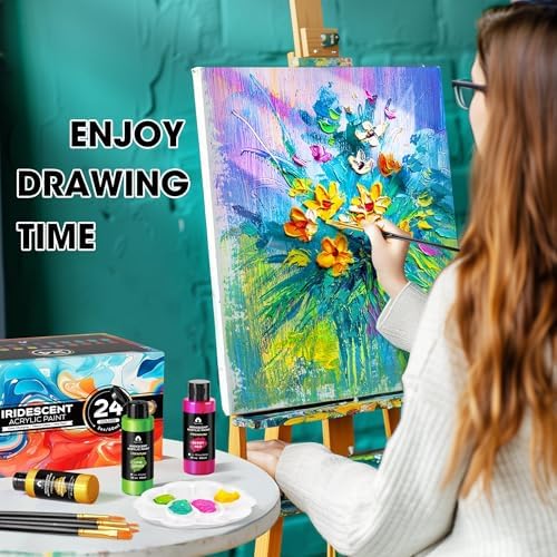 40 Pcs Iridescent Acrylic Paint Set, 24 Colors with 12 Brushes (2oz/60ml)