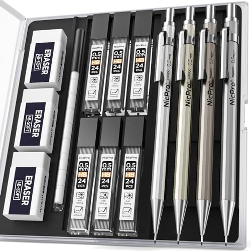 Nicpro 4 Pack Mechanical Pencil 0.5 mm with Case, MB1000 Metal Mechanical Pencil Set with 6 Tube HB #2 Lead Refill 0.5mm, 3PCS 4B Eraser, 9 Cap Eraser for Artist Drafting Writing, Sketching, Drawing