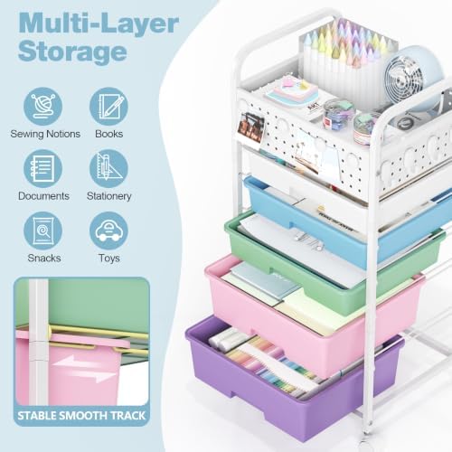 5 Drawer Rolling Storage Cart with Pegboard Top and Hooks, Ice Cream