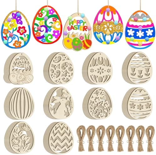 80PCS Wooden Easter Ornaments to Paint, 10 Styles DIY Blank Unfinished Wood Egg Cutouts Ornament for Crafts Hanging Decorations Happy Easter Hallow Egg Rabbit Bunny Butterfly Flower Hen