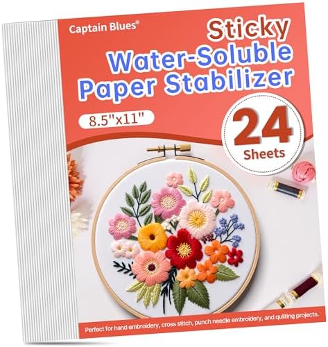 Captain Blues 24PCS 8.5"x11" Sticky Water Soluble Stabilizer for Embroidery - Medium Weight Wash Away Embroidery Stabilizer, Printable & Draw-Ready Patterns for Hand & Machine Embroidery