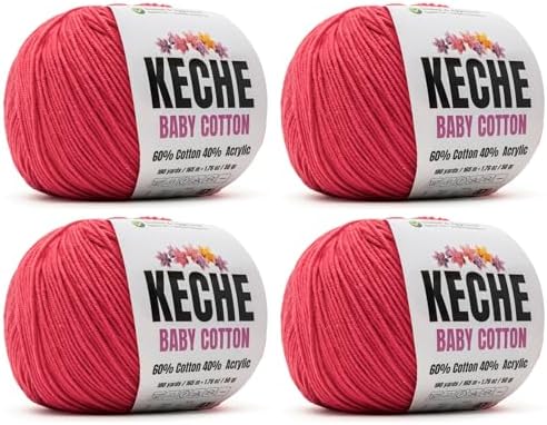 Keche Baby Cotton, 60% Cotton 40% Acrylic Yarn, Soft Cotton Yarn for Crochet and Knitting, Amigurumi Yarn 4 Skeins/Balls [1.76 Oz (50g) / 180 Yrds (165m)] x 4 - Watermelon