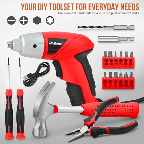 Hi-Spec 3.6V USB Small Power Screwdriver & Home DIY Tool Kit with Case, Red | 19pc, fast assembly help, common screw bit selection, LED visibility, compact grip, quick household fixes, organized storage