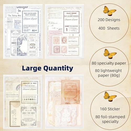 400Pcs Vintage Scrapbook Paper & Journaling Stickers Set, Mix Sizes Antique Single Side Printed Craft Paper for DIY Card Making, Journaling, Photo Album & Decoration