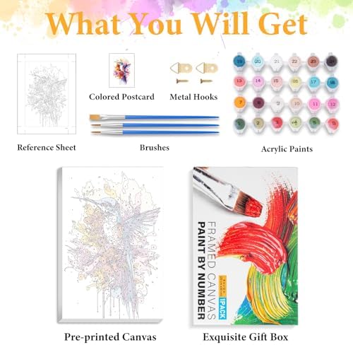 Okarina Framed Paint by Numbers Kit for Adults, Hummingbird Decor 8x12 Inch