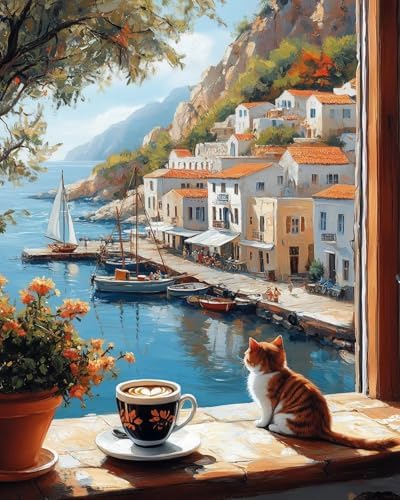 Possoco Paint by Numbers Kit for Adults Beginner Cat, Seaside Landscape Easy Adult Paint by Number Kits on Canvas, DIY Acrylic Number Painting for Adults Teens for Home Decor 16x20 Inch