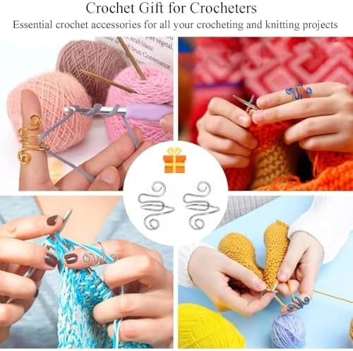 2Pcs Crochet Rings for Finger, Adjustable Open Yarn Guide Crochet Tension Ring for Crocheting Knitting Accessories Supplies Metal Yarn Tension Loop Ring for Finger (Silver)