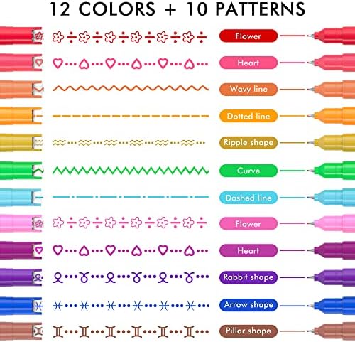 12 Colors Curve Highlighter Pens Set, 10 Different Shapes Dual Tip Markers, Cool Pens for Journal Planner Scrapbook Office Supplies