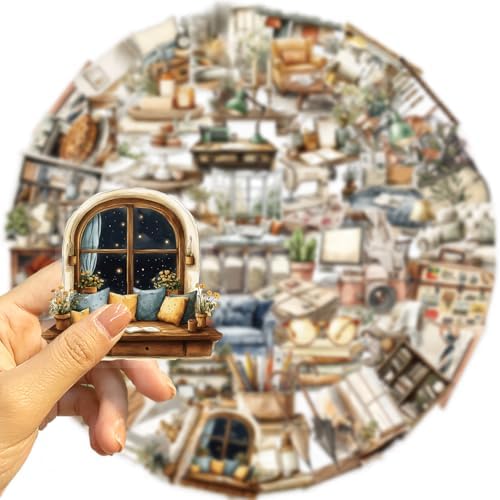 50pcs Home Art Stickers for Laptop Water Bottles, Transparent PET Waterproof Adhesive House Decals Retro Home Decor Sticker for Kids Birthday Party Scrapbook Phone (Retro-2)