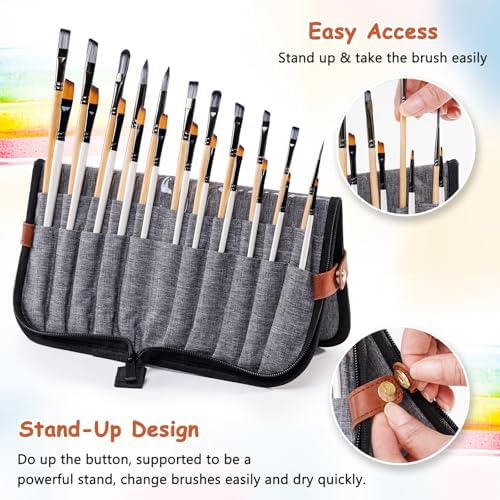 Paint Brush Holder Case for Artists with 22 Slots, Brush Organizer with Pop-Up Stand, Travel Paintbrush Storage Bag for Acrylic Oil Watercolor, Zippered Art Brush Cover (Brushes Not Included)